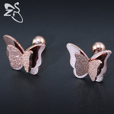 2017 New Butterfly Earrings Rose Gold Color Stainless Steel Stud Earrings for Women Child Frosted Butterfly Cartilage Ear Studs