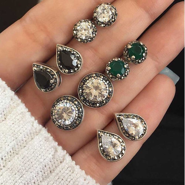 Meyfflin Women Crystal Earrings for Women Boucle D'oreille Jewelry Bohemian Stud Earring Set Green Droplets Brincos 5 Pairs