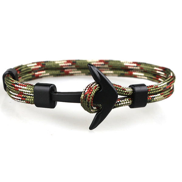 HOMOD 2018 New Fashion Black Color Anchor Bracelets Men Charm Survival Rope Chain Paracord Bracelet Male Wrap Metal Sport Hooks