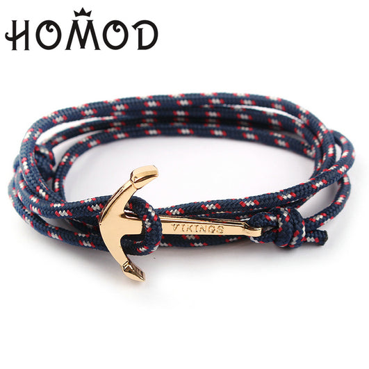 HOMOD 2018 New Fashion Black Color Anchor Bracelets Men Charm Survival Rope Chain Paracord Bracelet Male Wrap Metal Sport Hooks
